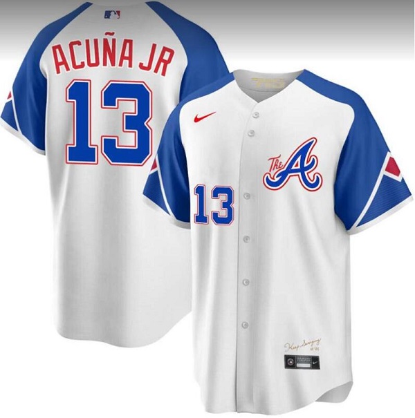 Men's Atlanta Braves #13 Ronald Acuña Jr. White 2023 City Connect Cool Base With Patch Stitched Baseball Jersey